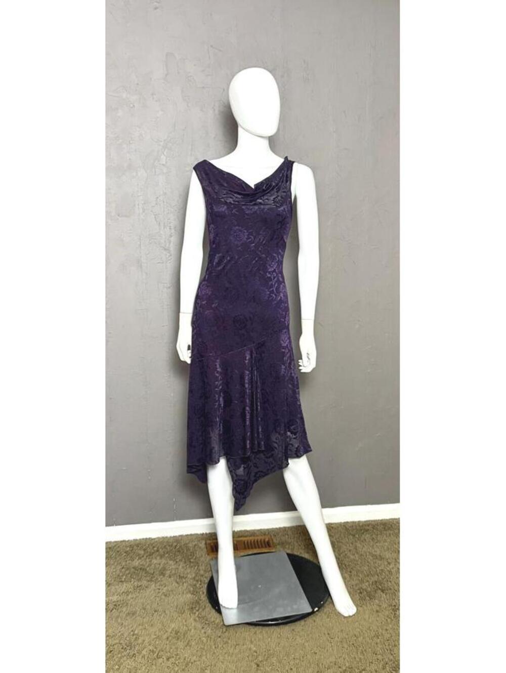 2000's Purple Cowl Neck Mesh Slip Dress Bias Handkerchief Hem Floral Jacquard